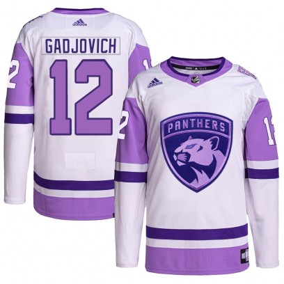 Men's Authentic Florida Panthers Jonah Gadjovich Adidas Hockey Fights Cancer Primegreen Jersey - White/Purple