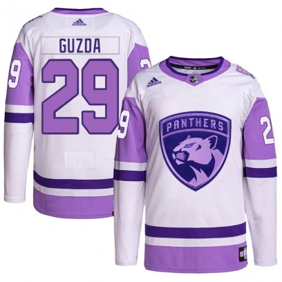 Men's Authentic Florida Panthers Mack Guzda Adidas Hockey Fights Cancer Primegreen Jersey - White/Purple