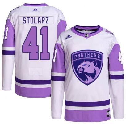 Men's Authentic Florida Panthers Anthony Stolarz Adidas Hockey Fights Cancer Primegreen Jersey - White/Purple