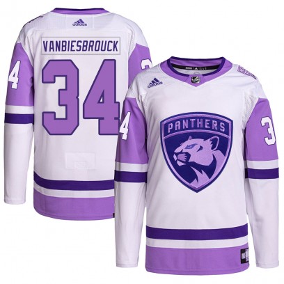Men's Authentic Florida Panthers John Vanbiesbrouck Adidas Hockey Fights Cancer Primegreen Jersey - White/Purple