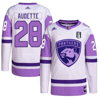 Youth Authentic Florida Panthers Donald Audette Adidas Hockey Fights Cancer Primegreen 2023 Stanley Cup Final Jersey - White/Pur