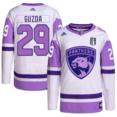 Youth Authentic Florida Panthers Mack Guzda Adidas Hockey Fights Cancer Primegreen 2023 Stanley Cup Final Jersey - White/Purple