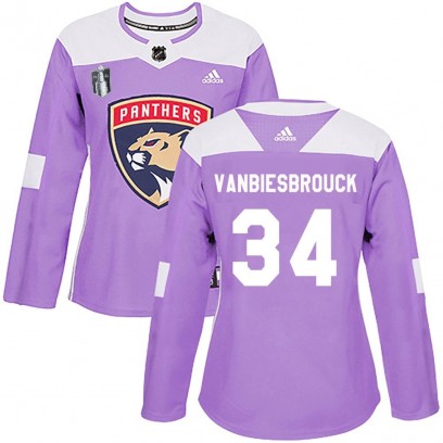 Women's Authentic Florida Panthers John Vanbiesbrouck Adidas Fights Cancer Practice 2023 Stanley Cup Final Jersey - Purple