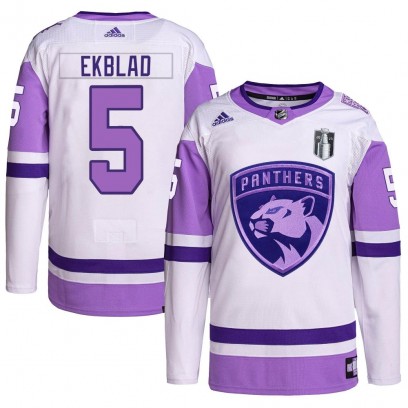 Men's Authentic Florida Panthers Aaron Ekblad Adidas Hockey Fights Cancer Primegreen 2023 Stanley Cup Final Jersey - White/Purpl