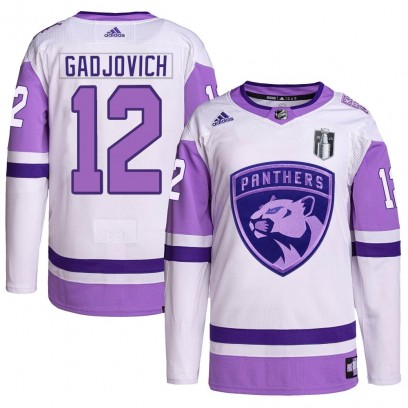 Men's Authentic Florida Panthers Jonah Gadjovich Adidas Hockey Fights Cancer Primegreen 2023 Stanley Cup Final Jersey - White/Pu