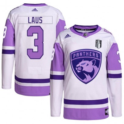 Men's Authentic Florida Panthers Paul Laus Adidas Hockey Fights Cancer Primegreen 2023 Stanley Cup Final Jersey - White/Purple