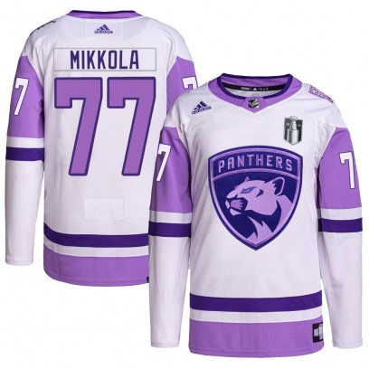 Men's Authentic Florida Panthers Niko Mikkola Adidas Hockey Fights Cancer Primegreen 2023 Stanley Cup Final Jersey - White/Purpl