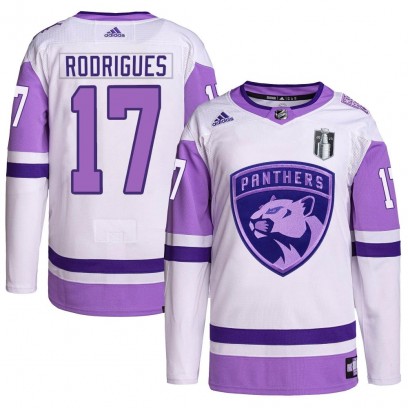 Men's Authentic Florida Panthers Evan Rodrigues Adidas Hockey Fights Cancer Primegreen 2023 Stanley Cup Final Jersey - White/Pur