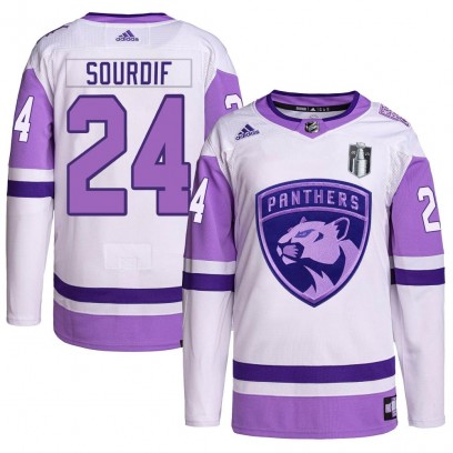 Men's Authentic Florida Panthers Justin Sourdif Adidas Hockey Fights Cancer Primegreen 2023 Stanley Cup Final Jersey - White/Pur