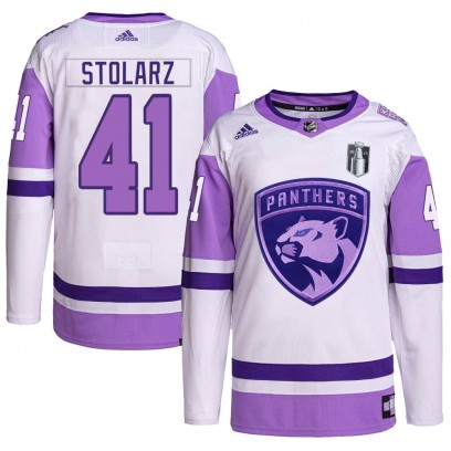 Men's Authentic Florida Panthers Anthony Stolarz Adidas Hockey Fights Cancer Primegreen 2023 Stanley Cup Final Jersey - White/Pu