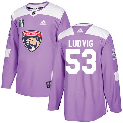 Men's Authentic Florida Panthers John Ludvig Adidas Fights Cancer Practice 2023 Stanley Cup Final Jersey - Purple