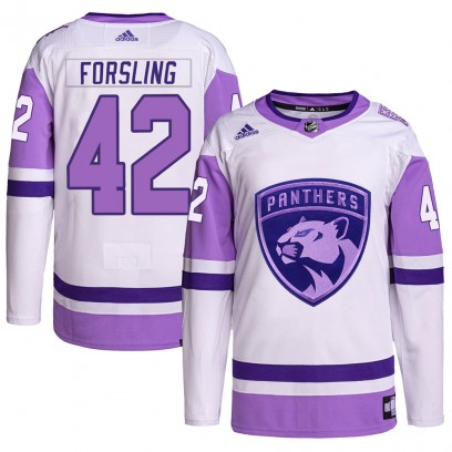 Youth Authentic Florida Panthers Gustav Forsling Adidas Hockey Fights Cancer Primegreen Jersey - White/Purple