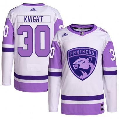 Youth Authentic Florida Panthers Spencer Knight Adidas Hockey Fights Cancer Primegreen Jersey - White/Purple