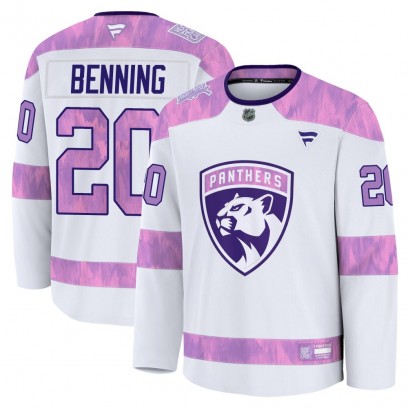 Youth Premium Florida Panthers Mike Benning Fanatics 2024 Hockey Fights Cancer Practice Jersey - White