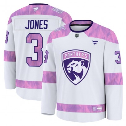 Youth Premium Florida Panthers Seth Jones Fanatics 2024 Hockey Fights Cancer Practice Jersey - White