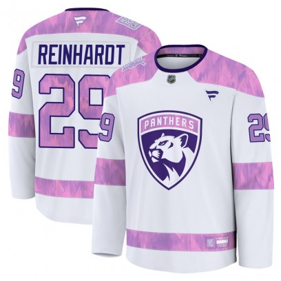Youth Premium Florida Panthers Cole Reinhardt Fanatics 2024 Hockey Fights Cancer Practice Jersey - White