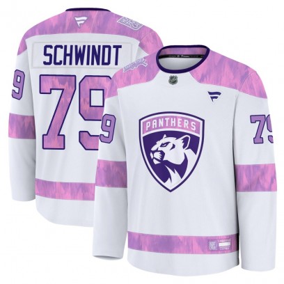 Youth Premium Florida Panthers Cole Schwindt Fanatics 2024 Hockey Fights Cancer Practice Jersey - White