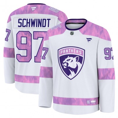 Youth Premium Florida Panthers Kai Schwindt Fanatics 2024 Hockey Fights Cancer Practice Jersey - White