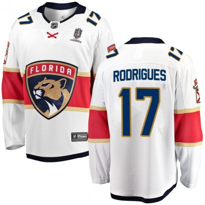 Youth Breakaway Florida Panthers Evan Rodrigues Fanatics Branded Away 2025 Stanley Cup Champions Patched Jersey - White