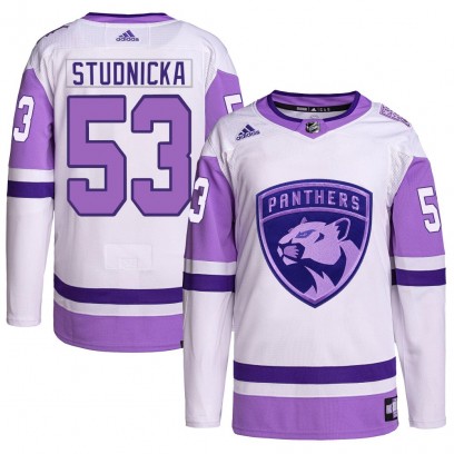 Men's Authentic Florida Panthers Jack Studnicka Adidas Hockey Fights Cancer Primegreen Jersey - White/Purple