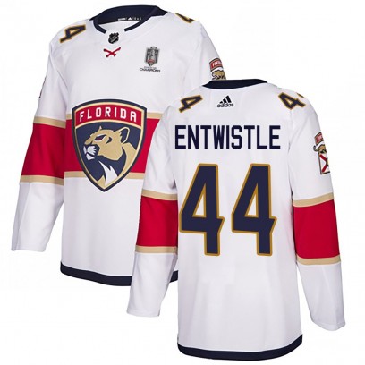 Men's Authentic Florida Panthers MacKenzie Entwistle Adidas Away 2025 Stanley Cup Champions Patched Jersey - White