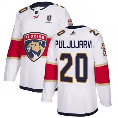 Men's Authentic Florida Panthers Jesse Puljujarvi Adidas Away 2025 Stanley Cup Champions Patched Jersey - White