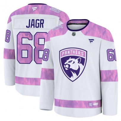 Men's Premium Florida Panthers Jaromir Jagr Fanatics 2024 Hockey Fights Cancer Practice Jersey - White
