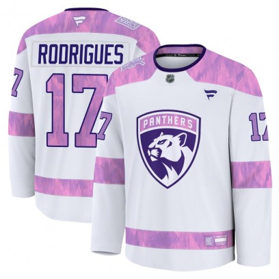 Men's Premium Florida Panthers Evan Rodrigues Fanatics 2024 Hockey Fights Cancer Practice Jersey - White