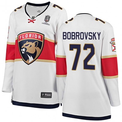 Women's Breakaway Florida Panthers Sergei Bobrovsky Fanatics Branded Away 2025 Stanley Cup Champions Patched Jersey - White