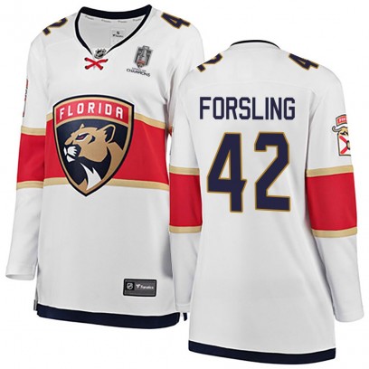 Women's Breakaway Florida Panthers Gustav Forsling Fanatics Branded Away 2025 Stanley Cup Champions Patched Jersey - White